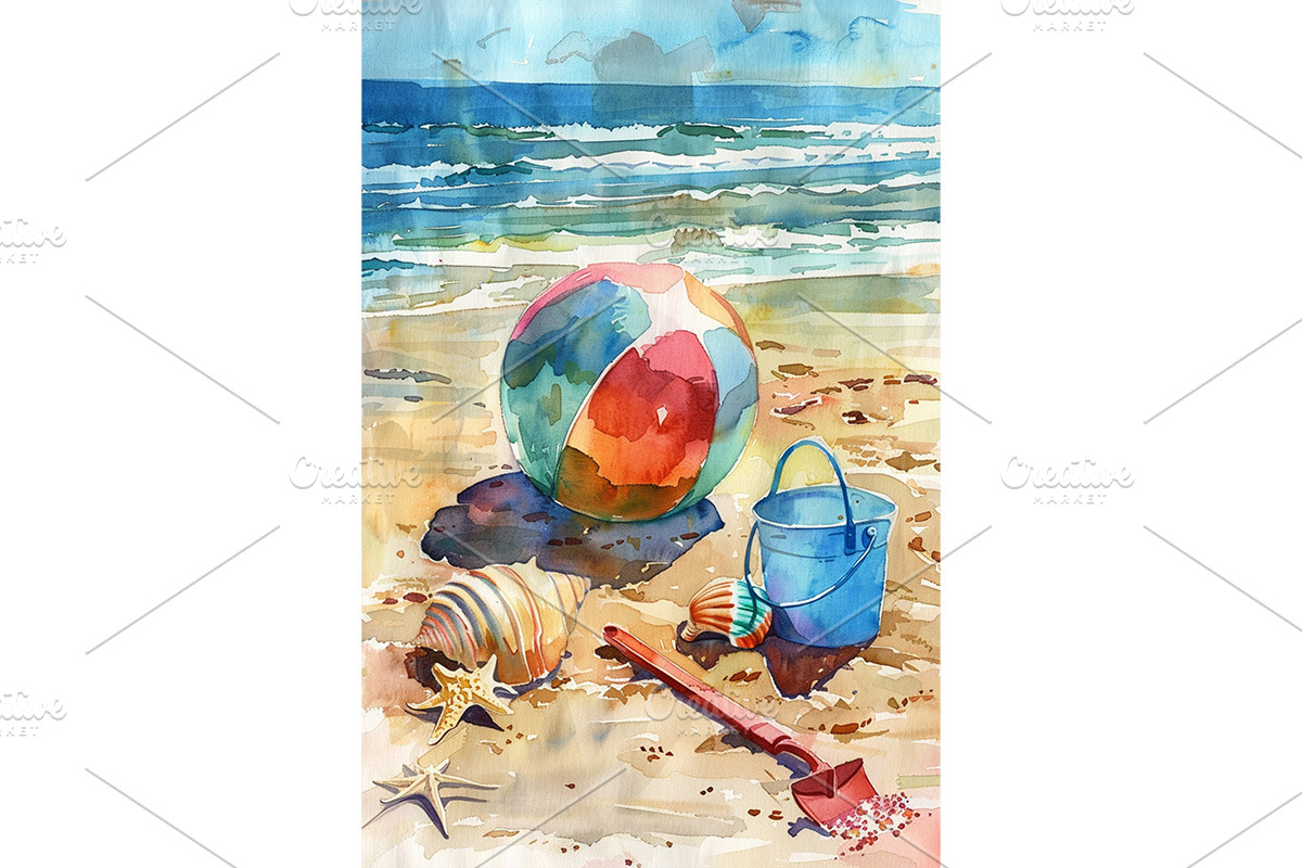 Watercolor Beach Scene with Ball Art, a Decorative Illustration by Art Paradise Studios
