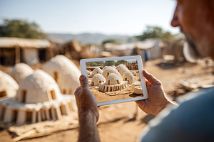 Exploring housing plans on a tablet amidst traditional structures in a rural se, a Photo by AlyaAnd