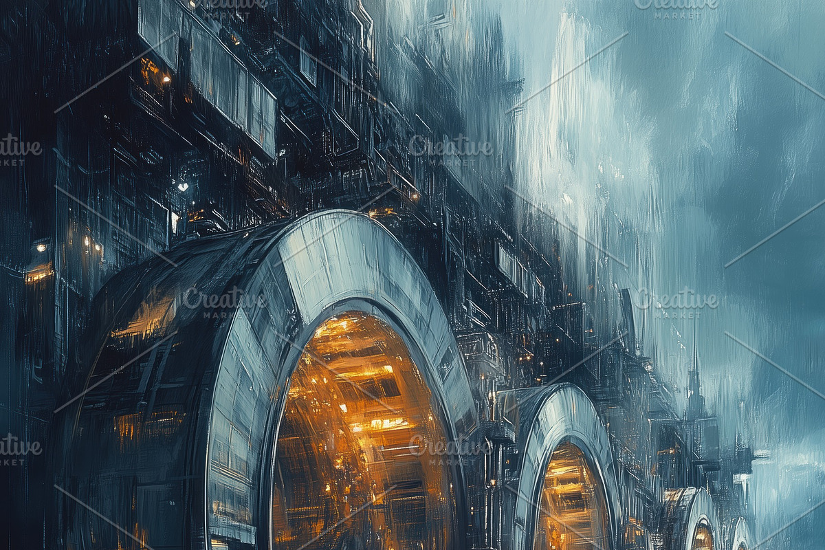 A futuristic underwater facility with large, glowing circular doors partially s, a Technology Illustration by Textures & Backgrounds