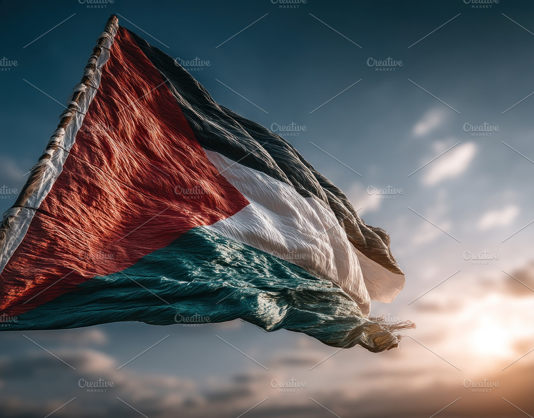 Palestinian flag waving in the wind at sunset with dramatic sky, an Animal Photo by José Manuel Gelpi