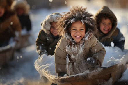 Joyful Children Sledding in Snow, Laughing and Enjoying Winter Fun Outdoors, a Photo by AS photostudio