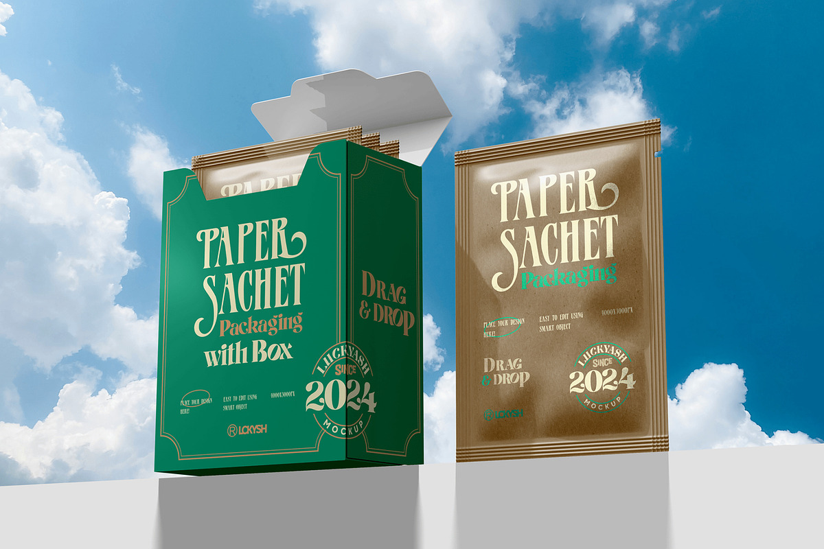 Paper Sachet with Box Mockup, a Packaging Mockup by megostudi0 (Photo 1 of 5)