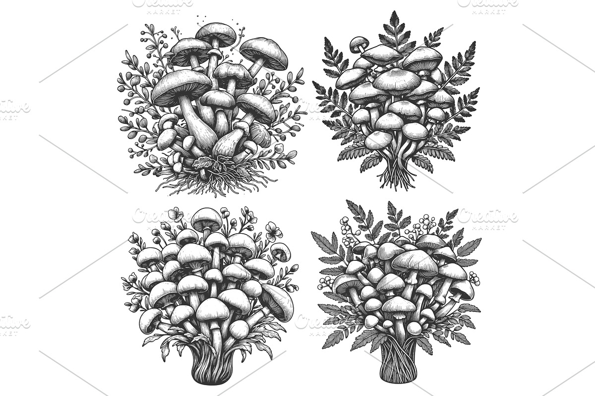 Mushroom Bouquets engraving set, an Illustration by AlexArt