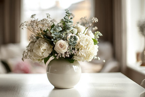 White flowers bouquet in a spherical ceramic vase on a wooden ta, a Photo by Studio ANNA
