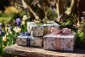 Gifts on wooden table, celebrating special occasion outdoors in, a Photo by Studio ANNA