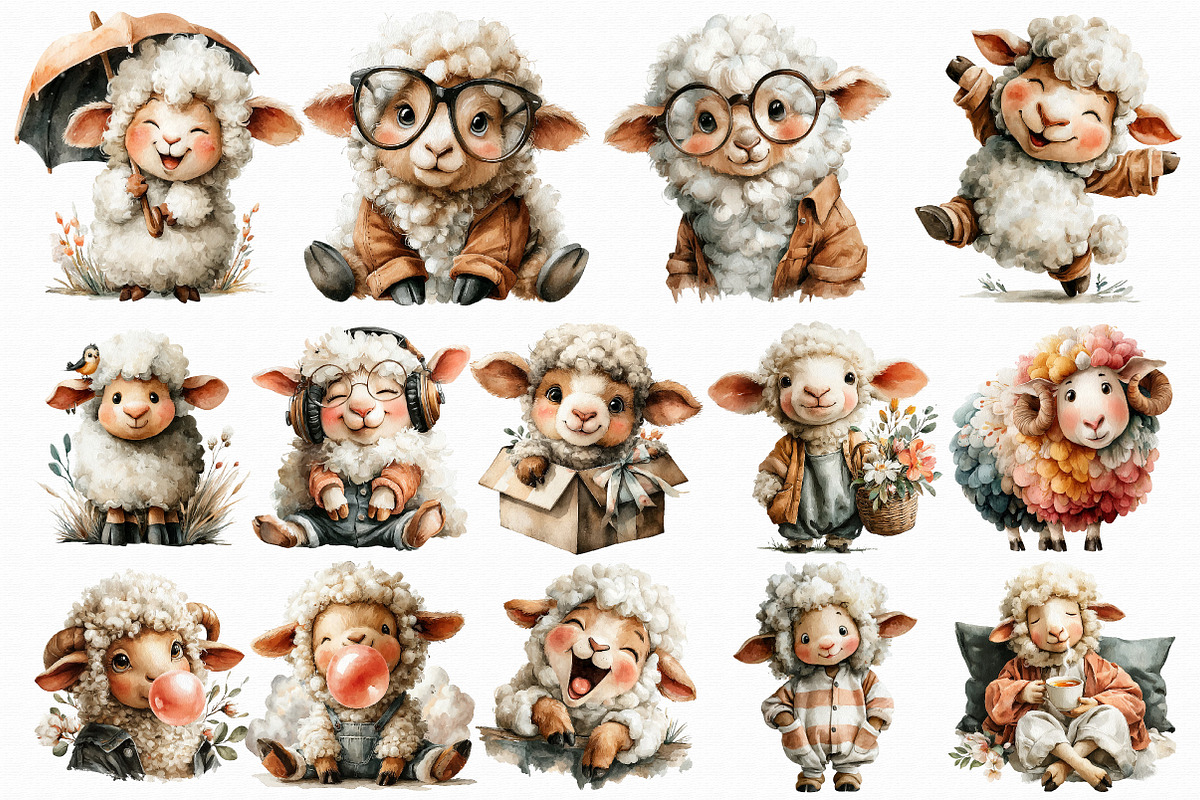 Watercolor Funny Sheep Clipart, an Illustration by Libby Wishes (Photo 7 of 7)