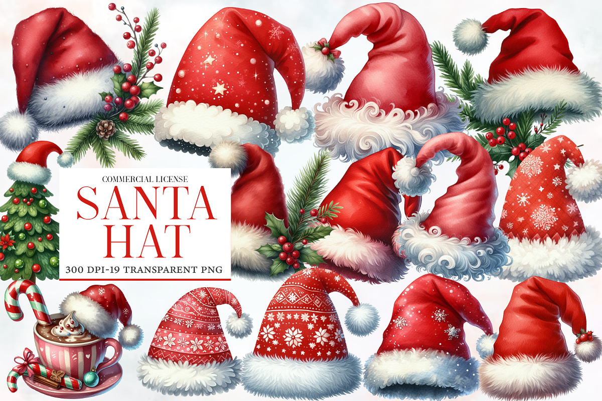 Watercolor Santa Hat Clipart, an Illustration by Designworld (Photo 1 of 6)