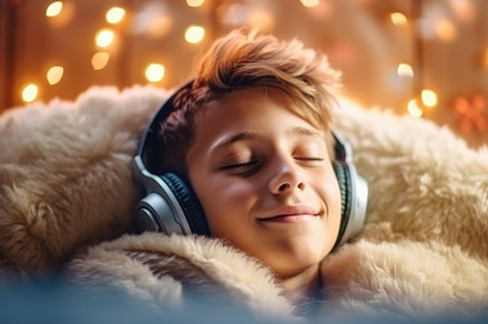 Adolescent boy listening to music with fun headphones in his roo, a Person Photo by designvectx