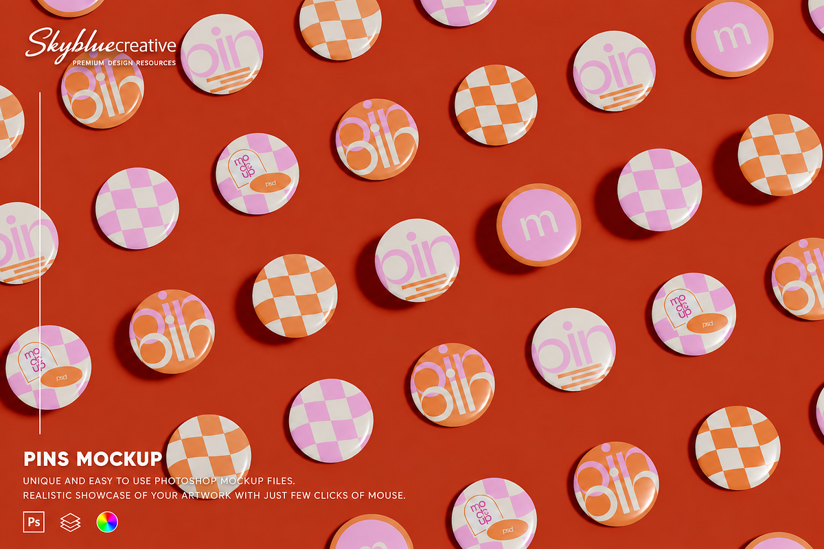 Pins Mockup, an Advertising Mockup by skybluecreative (Photo 1 of 2)