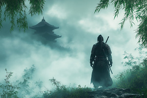 A lone male samurai stands in a misty landscape, gazing at an ancient temple in, a Person Photo by ImageMir