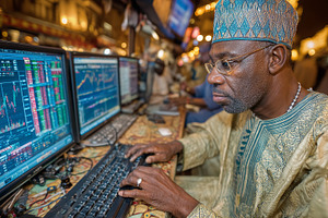 Nigerian trader analyzing stock market data on multiple computer screens in a b, a Photo by AS photostudio