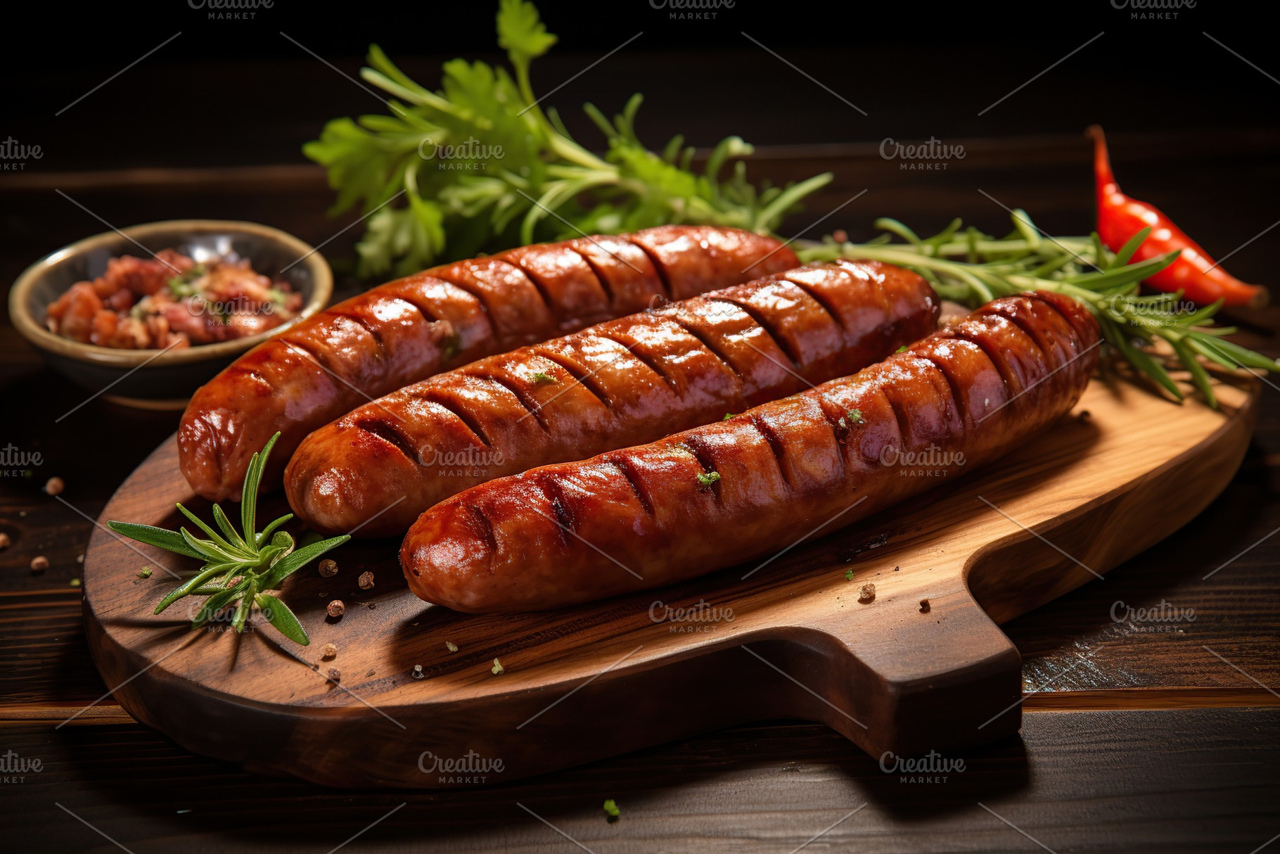 Grilled sausages on wooden table, a Food & Drink Photo by AlyaAnd