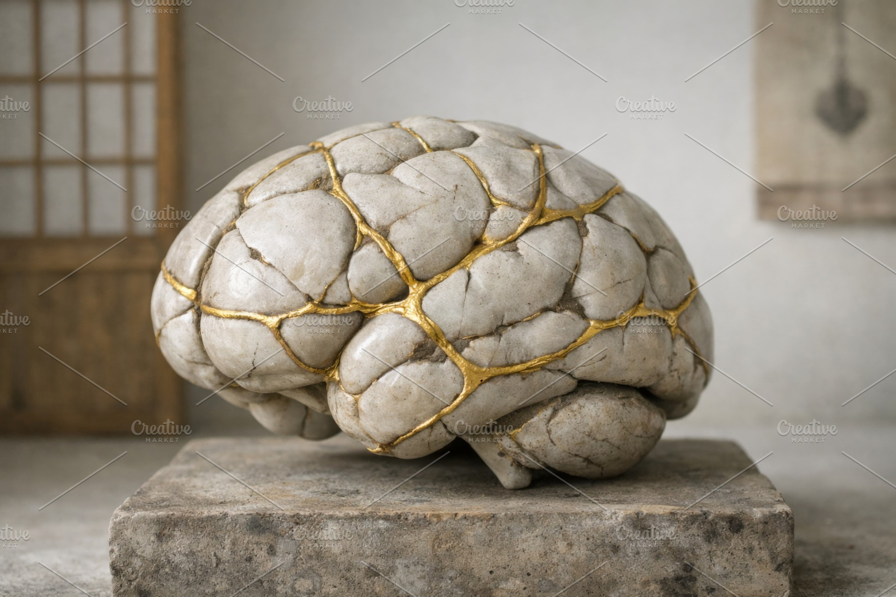 Kintsugi brain sculpture with gold r, a Photo by Dvoevnore photos