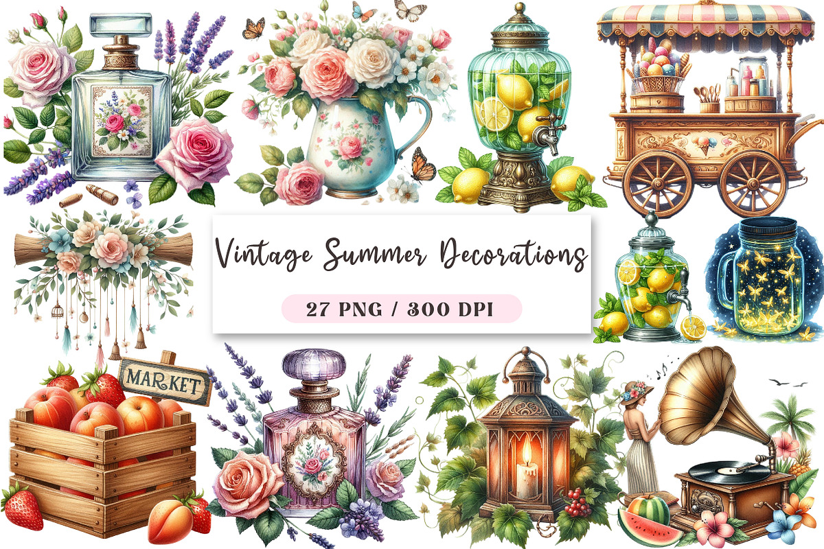 Vintage Summer Decorations Clipart, a Seasonal Illustration by DreamArtGraphic (Photo 1 of 4)