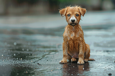 Wet homeless puppy on a street in the rain, an Animal Photo by AlyaAnd