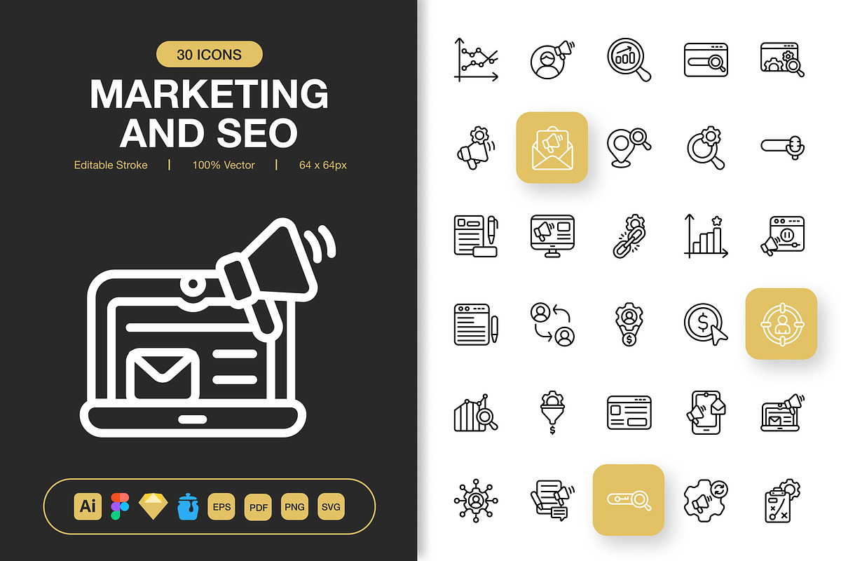 Marketing and Seo Icons, an Outline Icon by Spacepixel Creative