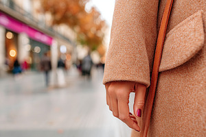 Close-up of a female hand holding a coat with autumn city street in the backgro, a Photo by AlyaAnd