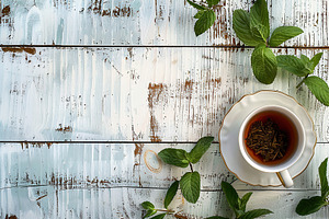 Top view of cup of aromatic tea and green mint leafs on wooden b, a Food & Drink Photo by AlyaAnd
