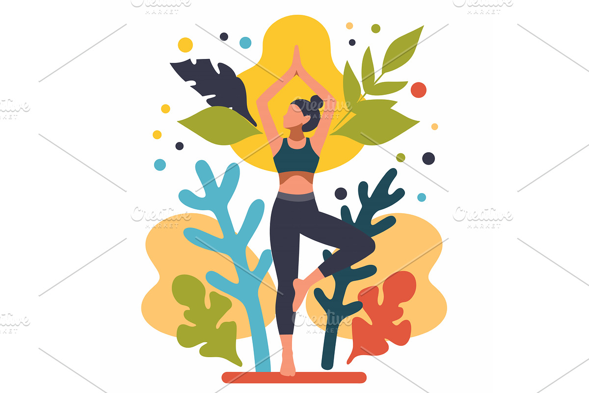 Woman practicing tree yoga pose, a Sport Illustration by Vectorstockersland