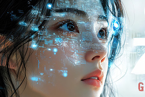 Close-up of a person immersed in futuristic technology and digital interface, an Illustration by AS photostudio