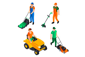 Lawnmower icon set, isometric style, an Illustration by Ylivdesign