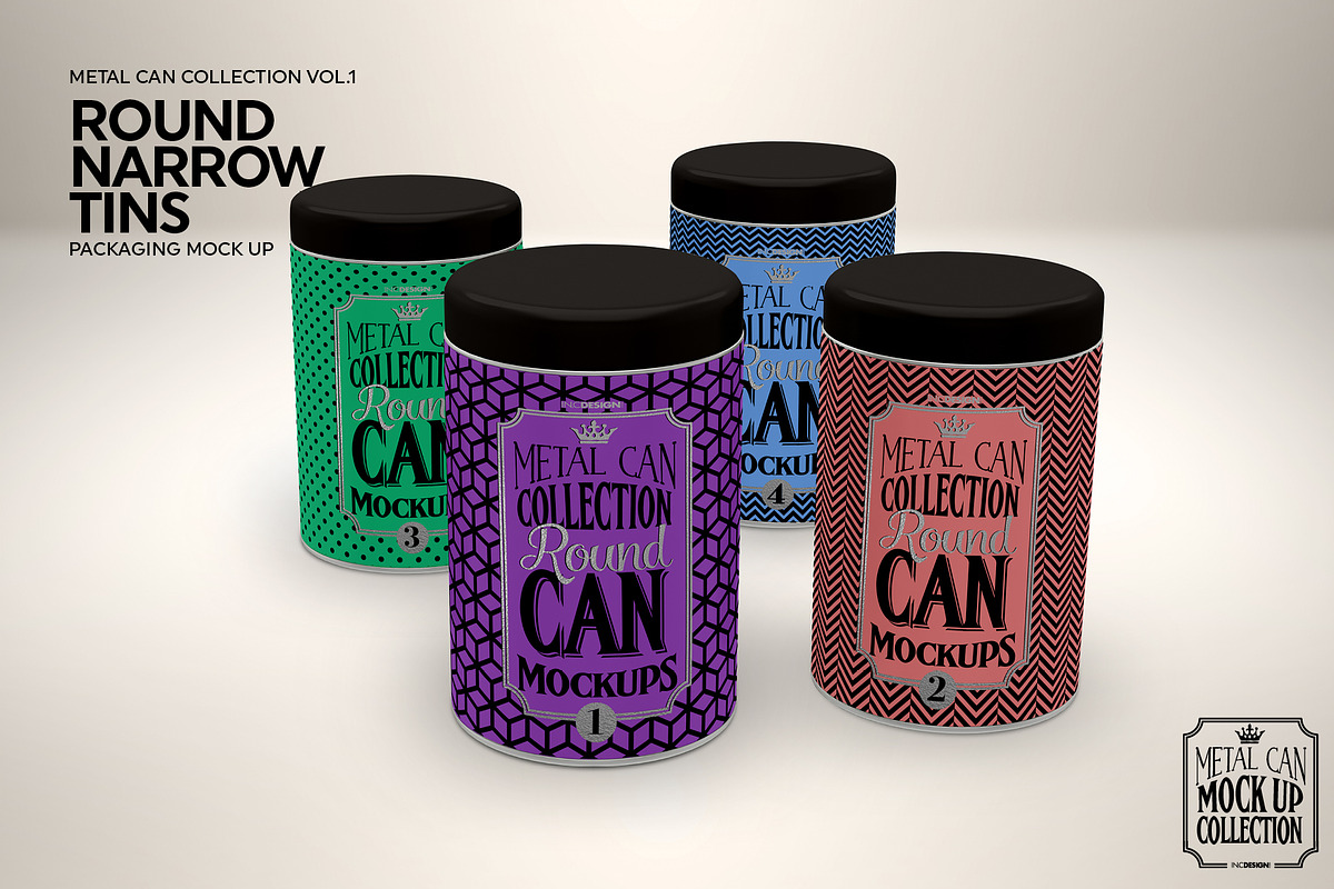 Round Narrow Tins Packaging Mockup, a Cups & Container Mockup by INCDesign (Photo 5 of 6)