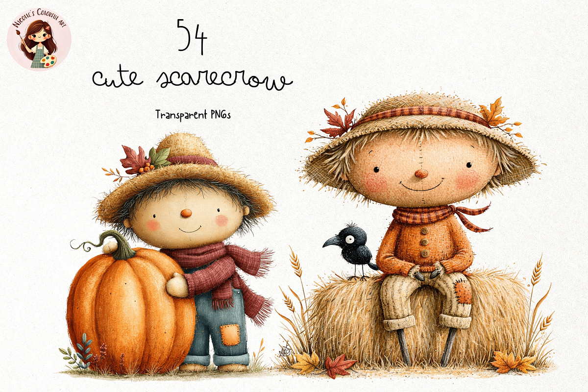 Cute Scarecrow Clipart, a Seasonal Illustration by Nicolle's Colorful Art (Photo 1 of 5)