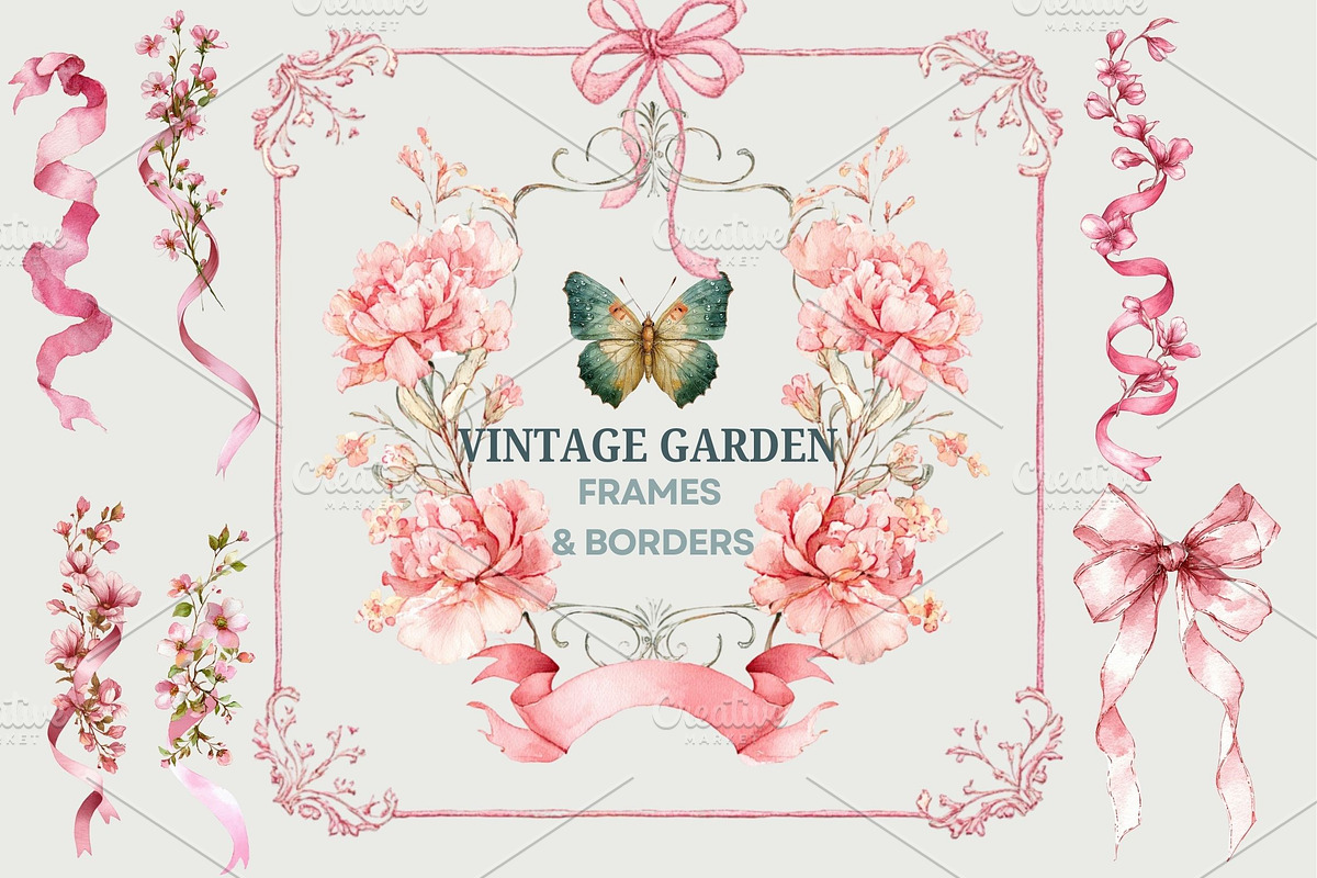 Vintage Garden Borders Frame Bow PNG, an Object Graphic by artinspirestudio (Photo 2 of 6)