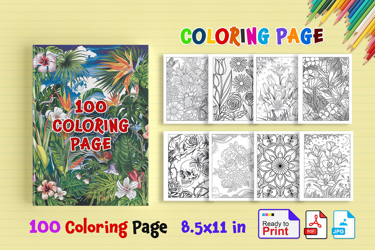 Flower Coloring Book Page | 100 Page, a Stationery Template by Graphic Template (Photo 1 of 2)