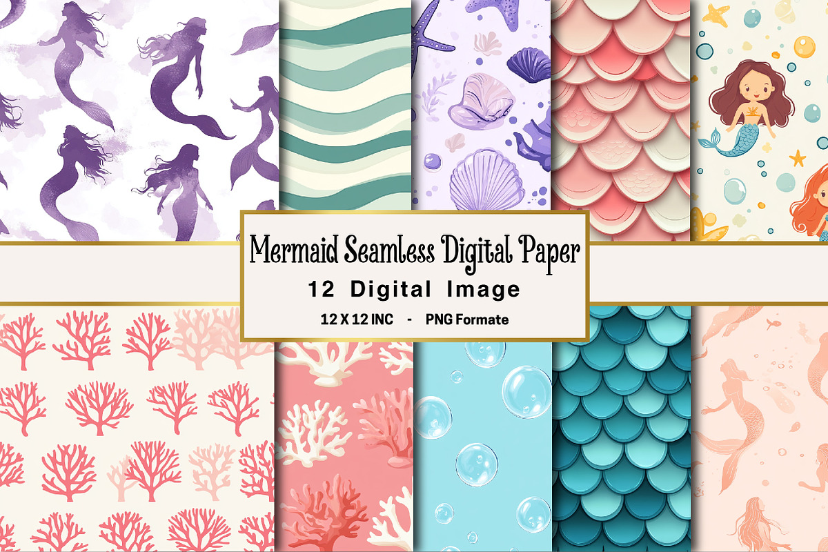 Mermaid Seamless Digital Paper, an Illustration by OK Design (Photo 1 of 4)