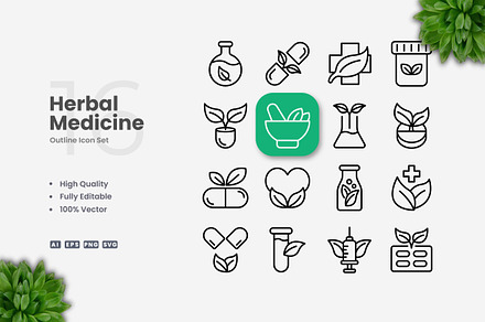 Herbal Medicine Outline Icons, an Outline Icon by Upnowgraphic