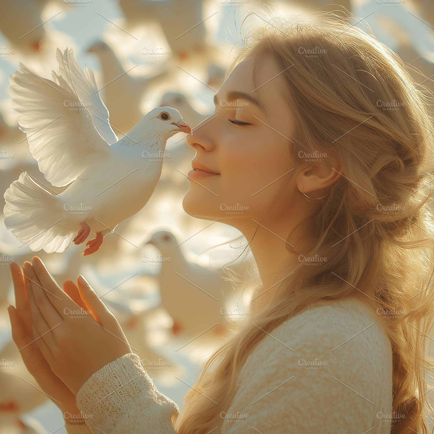 A serene young woman with long blonde hair gently interacts with a white dove,, a Person Photo by ImageMir