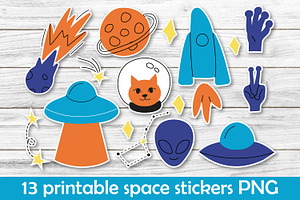 Cute Space Stickers, Cat, UFO, Alien