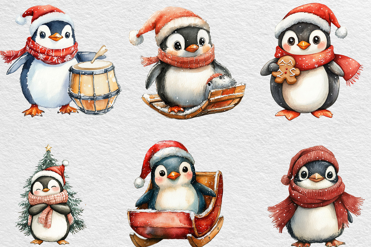 Christmas Penguin Watercolor Clipart, an Illustration by Black Bird Studio (Photo 3 of 6)