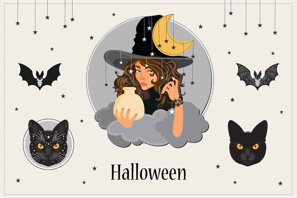 Halloween Witch, Cat, Bat Character, a Decorative Illustration by Imaginary Party (Photo 1 of 10)