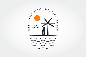 Line Art Surfing Badge & Ocean Waves