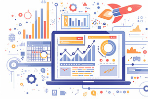 Laptop illustration with graphs, rocket, and data analytics elements for web de, an Illustration by AS photostudio