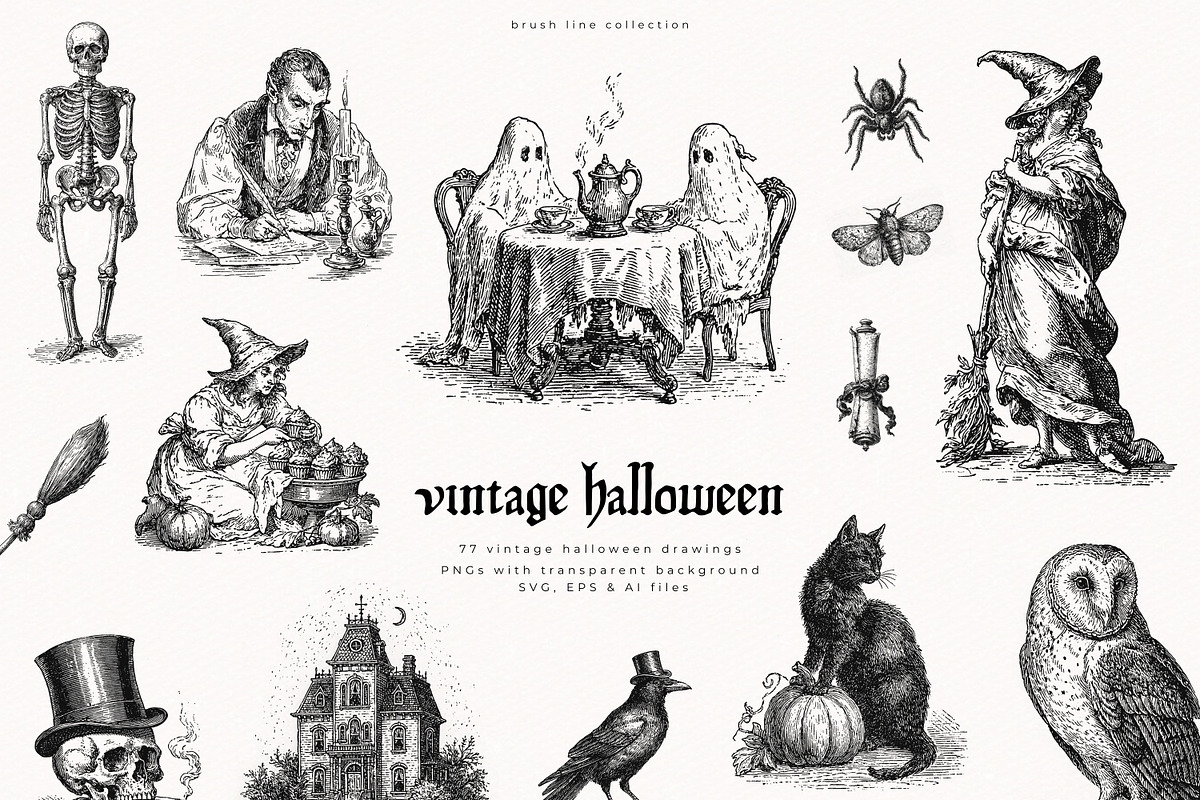 Vintage Halloween Drawings, a Seasonal Illustration by PeDe Designs (Photo 1 of 12)