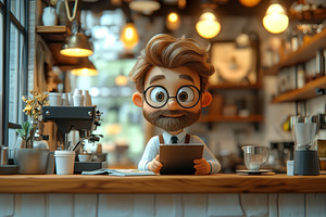 Character in a cozy cafe reading on, a Photo by Tanuart