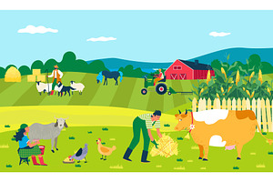 Farm with field, animals, vector