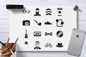 Hipster Icons Set, Simple Style