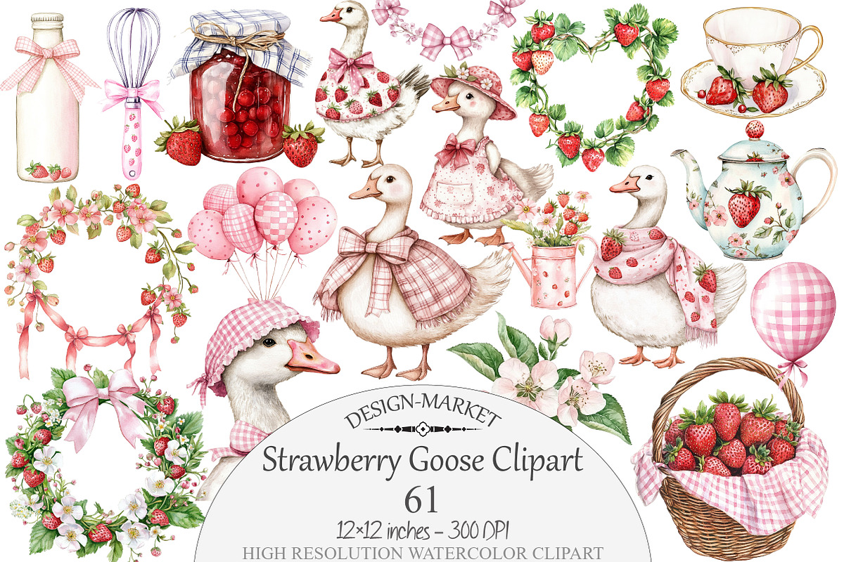 Watercolor Strawberry Goose Clipart, a Seasonal Illustration by Design Market (Photo 1 of 5)