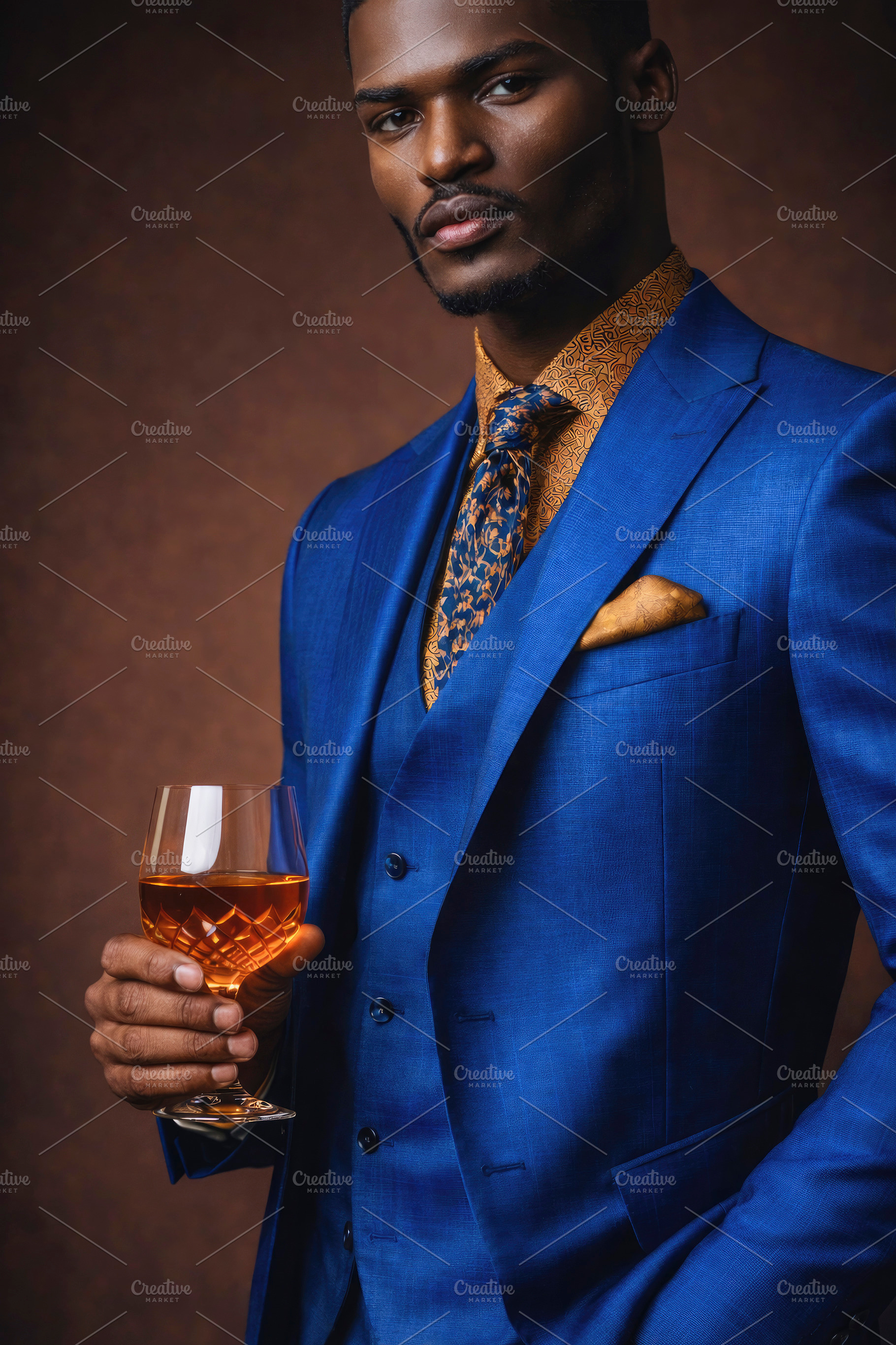 a man holding a glass in a blue suit, generative AI, a Photo by Nito