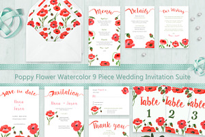 Poppy Flower Watercolor Wedding Set