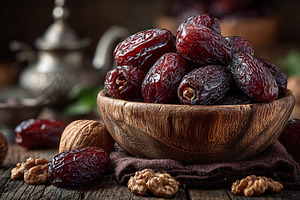 Delicious dates and walnuts on table, a Food & Drink Photo by shahsoft