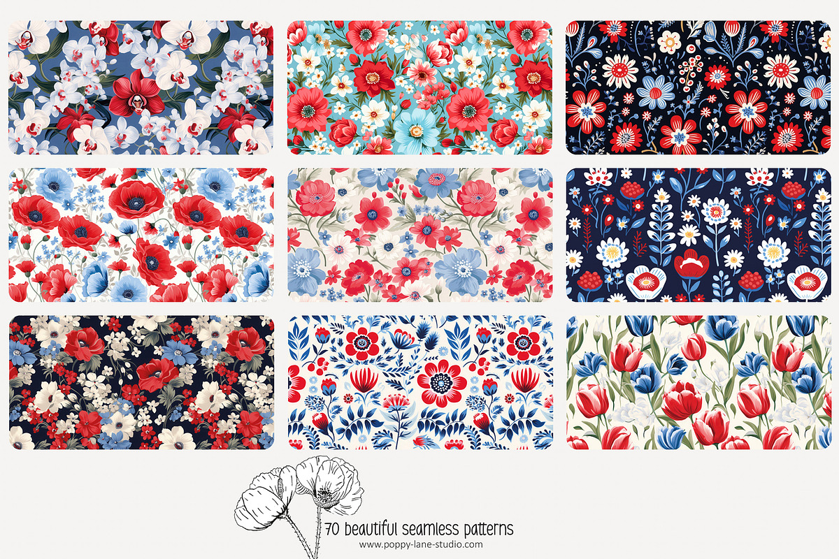70 red/blue floral seamless pattern, a Pattern Graphic by Poppy Lane Studio (Photo 4 of 10)