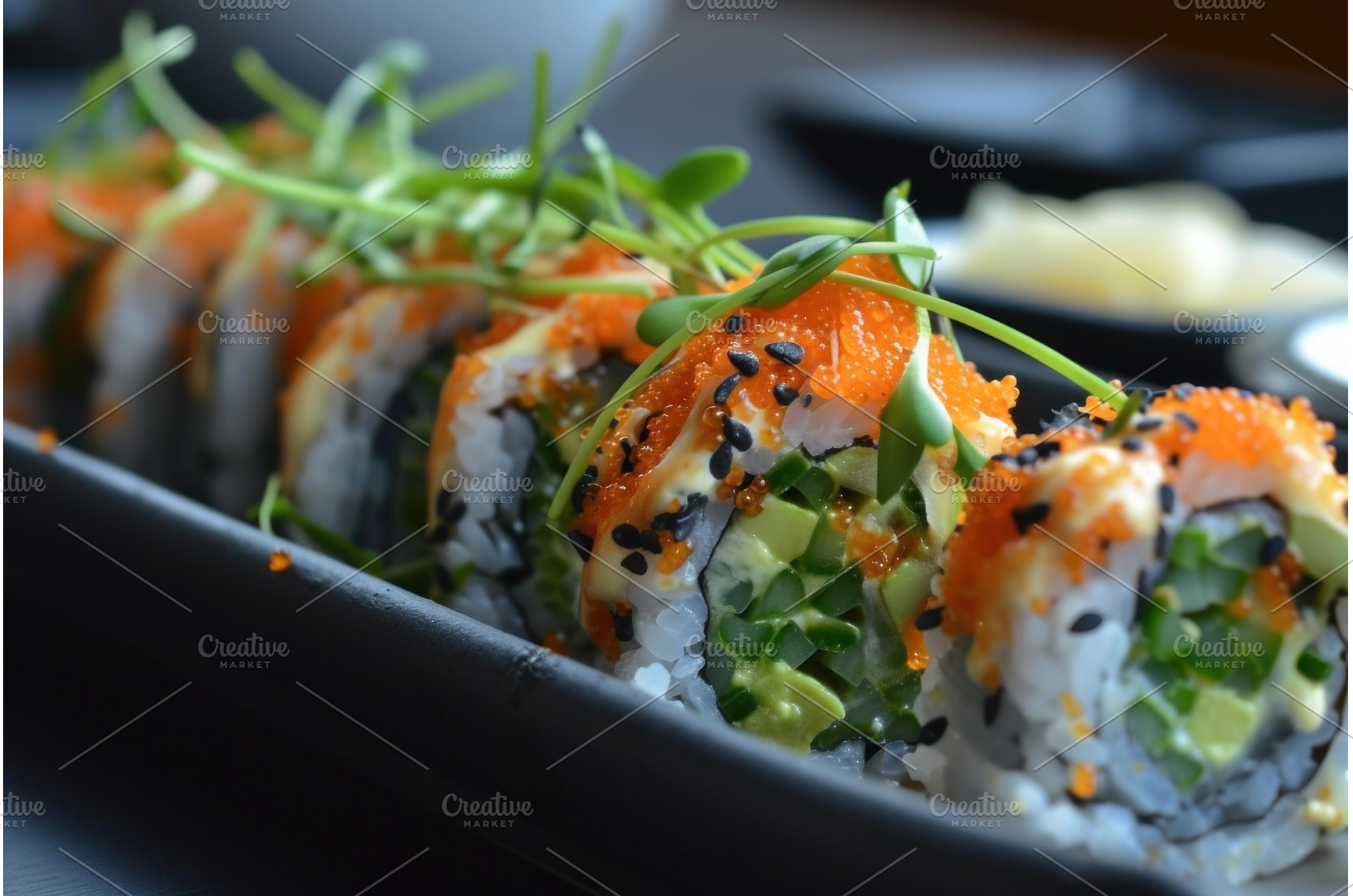 Black plate sushi rolls. Generate Ai, a Food & Drink Photo by Ylivdesign