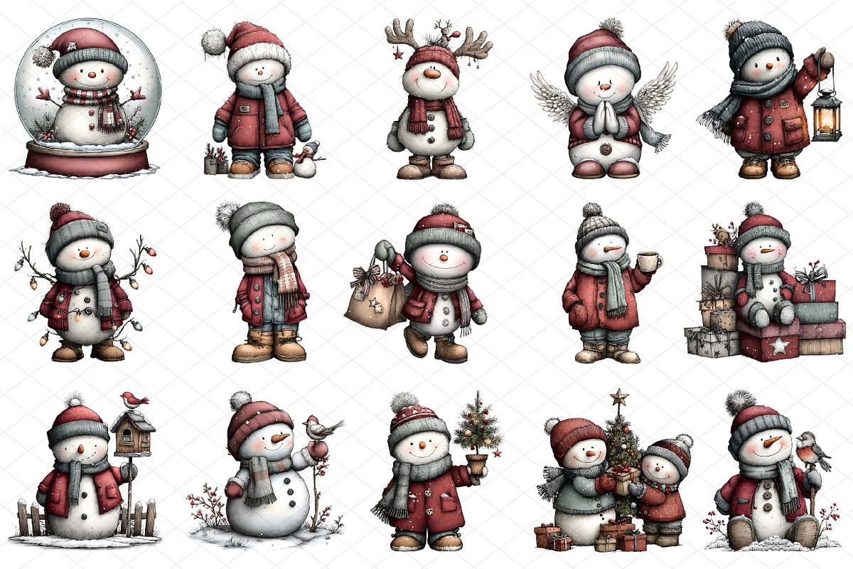 Whimsical Christmas Snowman Clipart, an Illustration by cherrydesign (Photo 3 of 4)