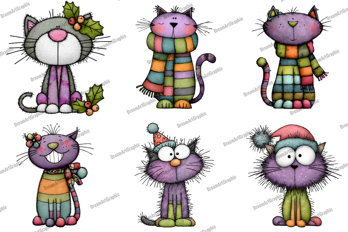Funny Christmas Cats Clipart, an Illustration by DreamArtGraphic (Photo 3 of 5)