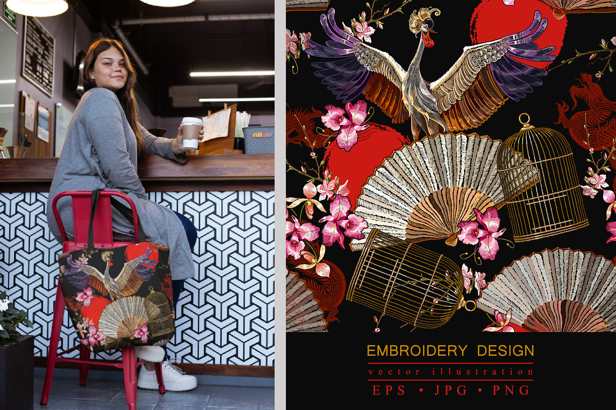 Crane bird, fan, dragons, rising sun, a Pattern Graphic by Matrioshka (Photo 1 of 6)